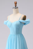 Sky Blue Corset Cold Shoulder Chiffon A Line Long Bridesmaid Dress With Slit
