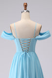 Sky Blue Corset Cold Shoulder Chiffon A Line Long Bridesmaid Dress With Slit