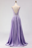 Purple A Line Spaghetti Straps Prom Dress with Appliques