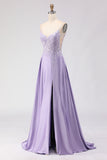 Purple A Line Spaghetti Straps Prom Dress with Appliques