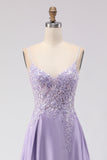Purple A Line Spaghetti Straps Prom Dress with Appliques