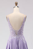 Purple A Line Spaghetti Straps Prom Dress with Appliques