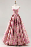 Pink Floral Strapless A Line Corset Embroidered Prom Dress