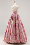 Pink Floral Strapless A Line Corset Embroidered Prom Dress