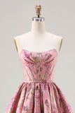 Pink Floral Strapless A Line Corset Embroidered Prom Dress