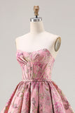 Pink Floral Strapless A Line Corset Embroidered Prom Dress