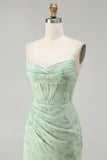 Green Sheath Corset Print Floral Long Bridesmaid Dress with Lace Up Back
