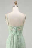 Green Sheath Corset Print Floral Long Bridesmaid Dress with Lace Up Back