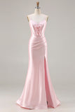 Pink Satin Corset Bowed Mermaid Prom Dress