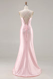 Pink Satin Corset Bowed Mermaid Prom Dress