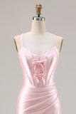 Pink Satin Corset Bowed Mermaid Prom Dress