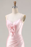 Pink Satin Corset Bowed Mermaid Prom Dress