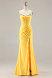 Yellow Corset Mermaid Ruched Prom Dress with Rhinestones