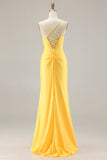 Yellow Corset Mermaid Ruched Prom Dress with Rhinestones