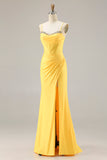 Yellow Corset Mermaid Ruched Prom Dress with Rhinestones