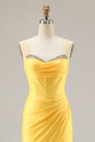 Yellow Corset Mermaid Ruched Prom Dress with Rhinestones