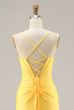 Yellow Corset Mermaid Ruched Prom Dress with Rhinestones