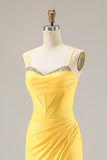 Yellow Corset Mermaid Ruched Prom Dress with Rhinestones