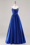 Royal Blue Ruched A Line Satin Prom Dress