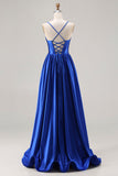 Royal Blue Ruched A Line Satin Prom Dress
