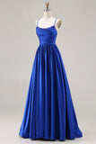 Royal Blue Ruched A Line Satin Prom Dress