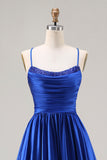 Royal Blue Ruched A Line Satin Prom Dress