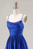 Royal Blue Ruched A Line Satin Prom Dress