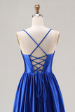 Royal Blue Ruched A Line Satin Prom Dress
