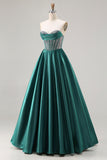 Dark Green Ball Gown Corset Beaded Prom Dress