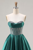 Dark Green Ball Gown Corset Beaded Prom Dress