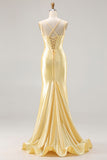 Sparkly Light Yellow Corset Mermaid Prom Dress