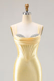 Sparkly Light Yellow Corset Mermaid Prom Dress