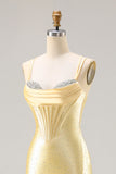 Sparkly Light Yellow Corset Mermaid Prom Dress