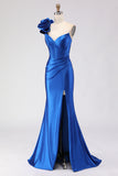 Royal Blue One Shoulder Corset Mermaid Ruffled Prom Dress