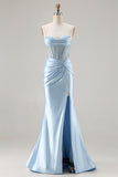 Sky Blue Corset Mermaid Ruched Strapless Prom Dress