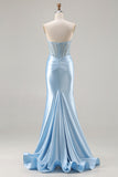 Sky Blue Corset Mermaid Ruched Strapless Prom Dress