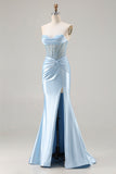 Sky Blue Corset Mermaid Ruched Strapless Prom Dress