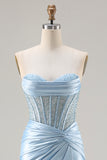 Sky Blue Corset Mermaid Ruched Strapless Prom Dress