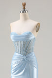 Sky Blue Corset Mermaid Ruched Strapless Prom Dress