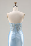 Sky Blue Corset Mermaid Ruched Strapless Prom Dress
