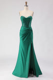 Strapless Corset Mermaid Dark Green Ruched Prom Dress
