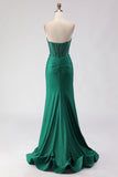 Strapless Corset Mermaid Dark Green Ruched Prom Dress