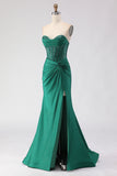 Strapless Corset Mermaid Dark Green Ruched Prom Dress