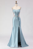 Mermaid Satin Appliqued Corset Grey Blue Prom Dress