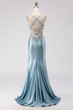 Mermaid Satin Appliqued Corset Grey Blue Prom Dress