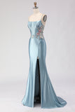 Mermaid Satin Appliqued Corset Grey Blue Prom Dress