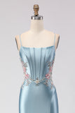 Mermaid Satin Appliqued Corset Grey Blue Prom Dress