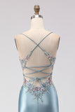 Mermaid Satin Appliqued Corset Grey Blue Prom Dress