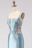 Mermaid Satin Appliqued Corset Grey Blue Prom Dress