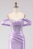 Purple Mermaid Off the Shoulder Beaded Prom Dress